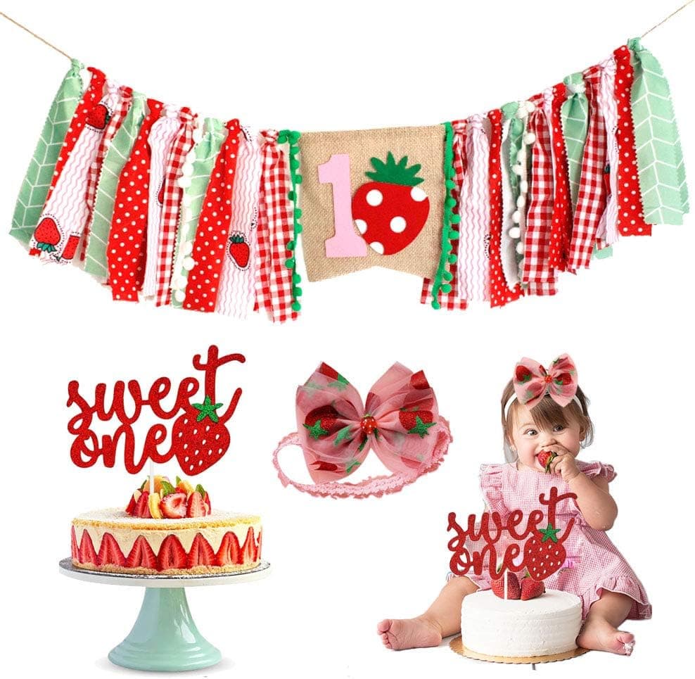 Strawberry First Birthday Party Decoration kit,Strawberry 1st Birthday Highchair Banner,Sweet One Cake Topper and Strawberry Bow Hairband for Strawberry First Birthday,Summer Fruit Party Supplies