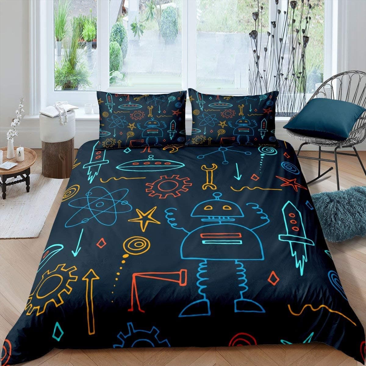 Nursery Robot Bedding Set Cartoon Robot Comforter Cover Rocket Duvet Cover for Kids Boys Girls Gear Machine Science Quilt Cover with 1 Pillow Case Twin Size Blue Orange Child Bedroom Decor