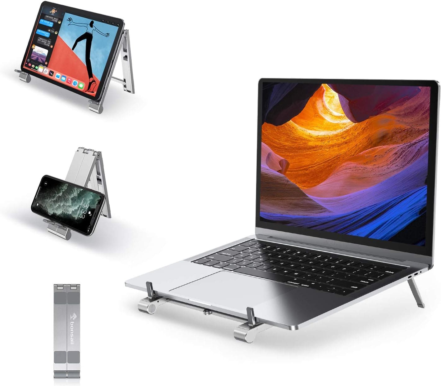 bonsaii Portable Laptop Riser, 3-in-1 Foldable Aluminum Laptop Riser for Desk, Ergonomic Notebook Low Holder Stand Compatible with 15.6inch Computer/Phone/Tablet, Comes with Storage Bag(LS8004)