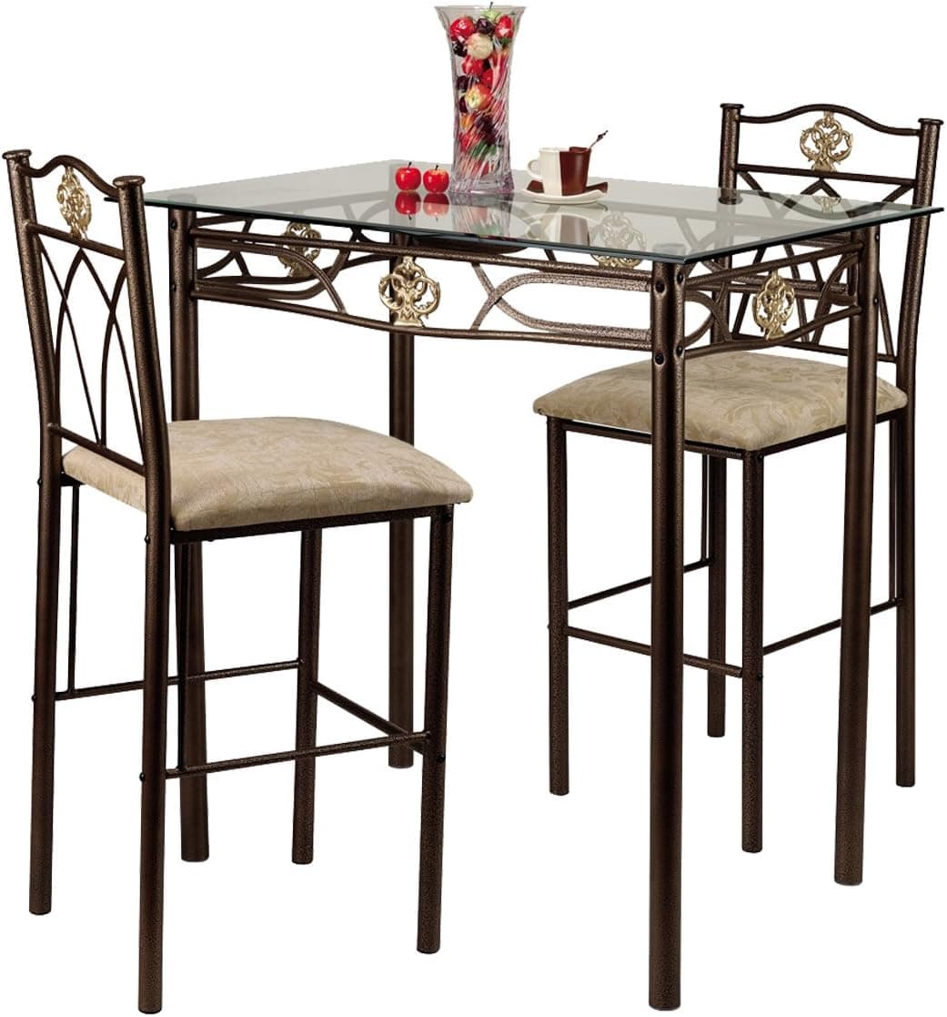 Home Source Industries Crown Bistro 3-Piece Dining Set with Glass Table Top and 2 Chairs