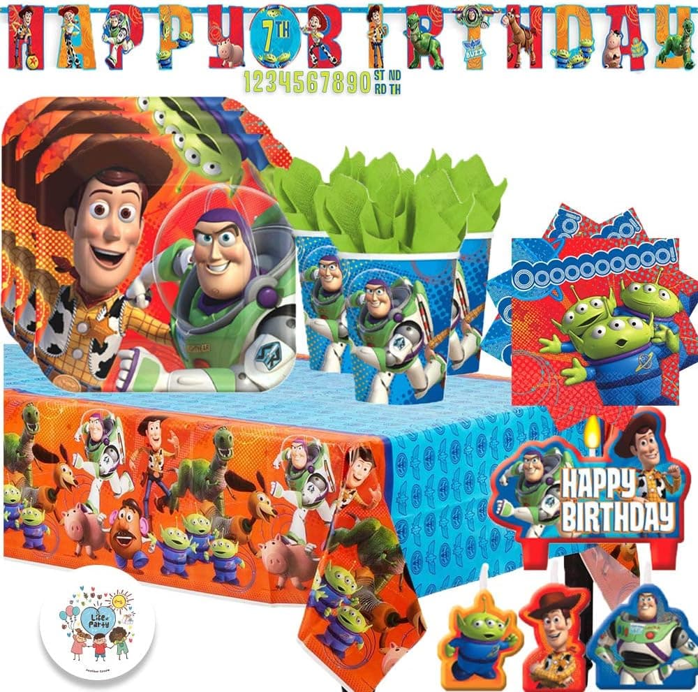 Toy Story Birthday Party Supply Pack with Decorations for 16 Guests With Plates, Cups, Napkins, Tablecover, Birthday Candles, Customizable Birthday Banner, and EXCLUSIVE Birthday Pin by Another Dream!