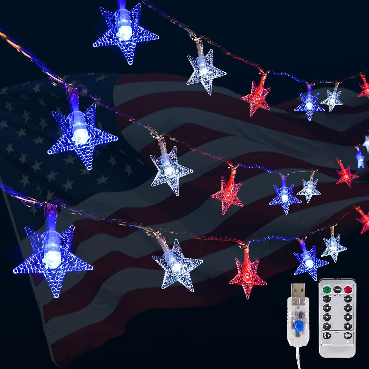 LYUBASA 133 LED 66 FT Star String Lights, July 4th Decorations Plug in Patriotic Fairy String Light Waterproof USB powered, Suitable for Indoor Outdoor Independence Day Party Garden,Red & Blue & White