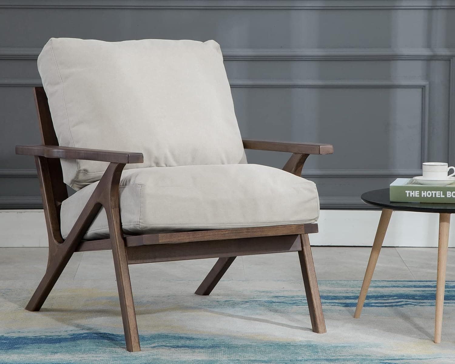 CIMOTA Modern Accent Chair Fabric Comfy Armchair Upholstered Mid Century Chair Arm Chair with Removable Padded Cushion and Wood Frame for Living Room/Bedroom, Beige