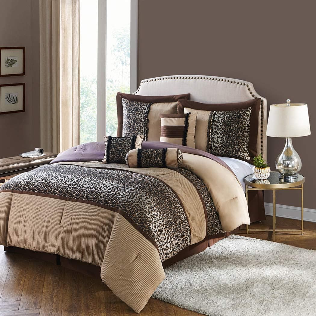 7 Piece Brown Cheetah Stripes Pattern Comforter Queen Set, Beautiful Exotic African Safari Zoo Jungle Animal Pattern, Leopard Theme, Luxurious Striped-Inspired Style, for Modern Bedrooms, Vibrant