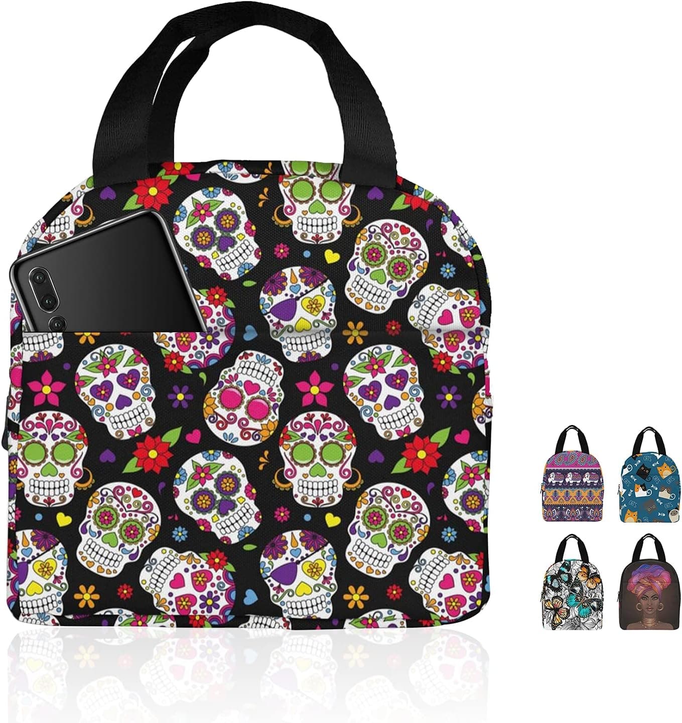 Sugar Skull Lunch Bag For Women Insulated Lunch Box With Front Pocket For Work Reusable Cooler Tote Bag For Office School Picnic Hiking Beach Father's Day Gift Mom Dad Birthday Gift