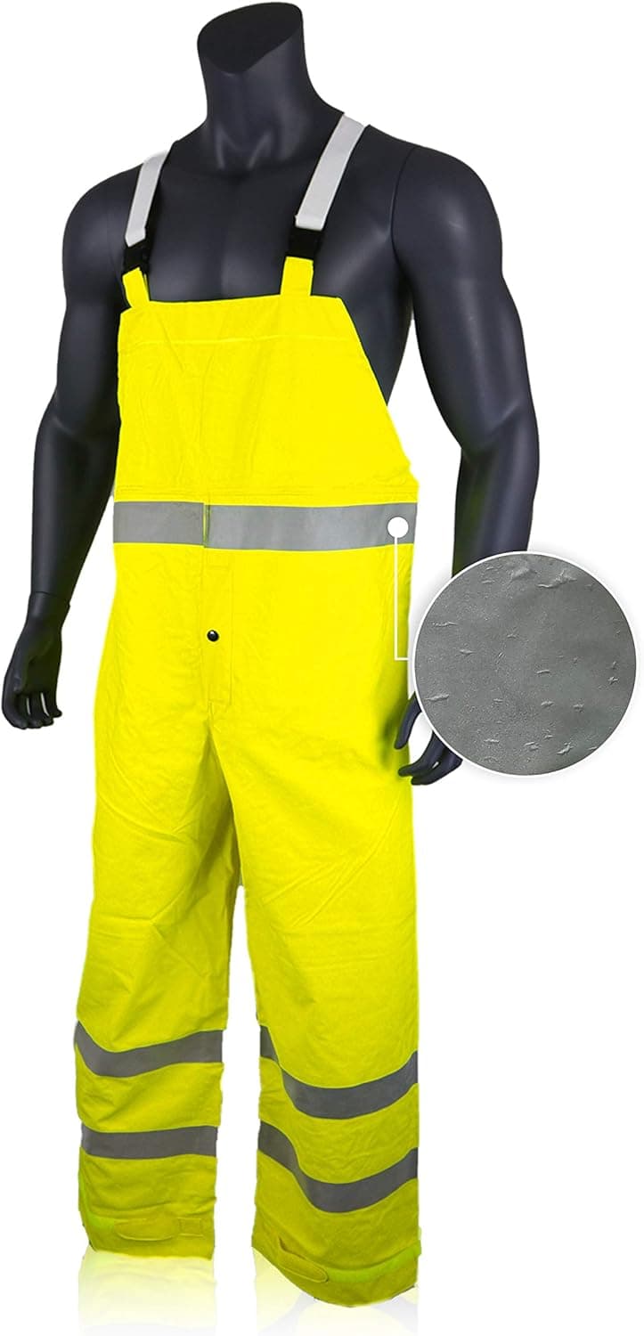 RIVER OTTER Rain Bib Pants (Foul Weather Gear) Hi Vis ANSI PVC Class E Workwear Overall Heavy Duty Lightweight Waterproof Breathable Bibs | Pressure Washing Construction Fishing, Men Women Yellow, 4XL