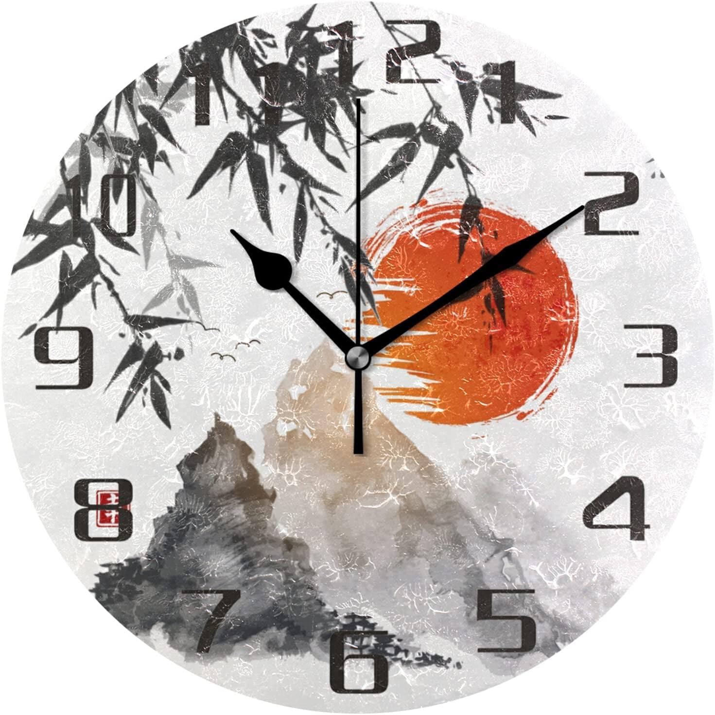 Japanese Mountain Wall Clock Silent Non-Ticking, 9.5 Inch Round Wall Clock Battery Operated Japanese Clock Decor for Home Wall Bathroom Kitchen Bedroom Living Room Office Classroom Patio