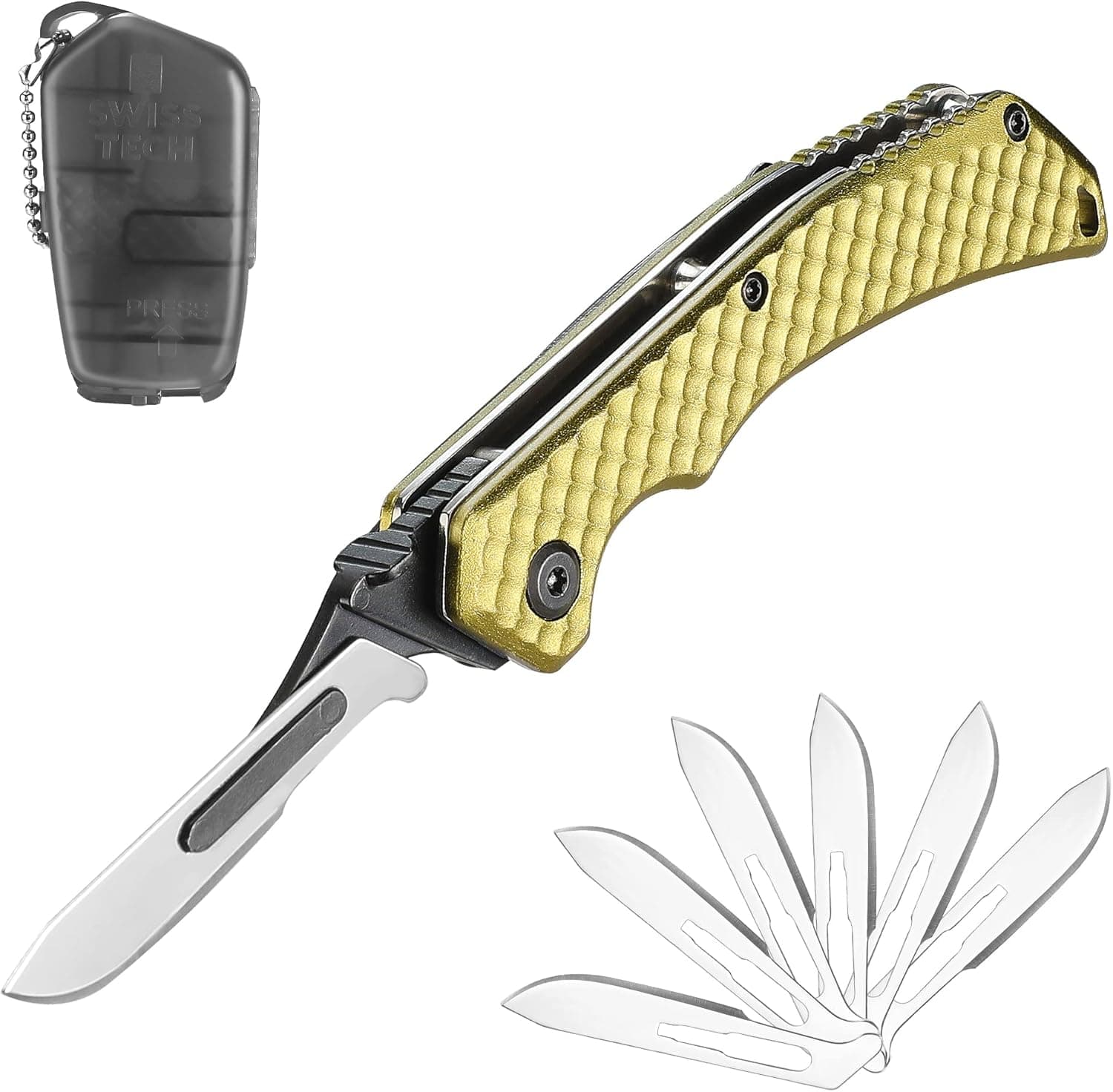 Swiss+Tech Folding Skinning Knife with Liner Lock, Thumb Rest, Belt Clip, Aluminum Alloy Handle, 5PC Replaceable Sharp Blades, Lightweight Pocket Hunting Knife for Outdoor, Hunting, Survival, Camping