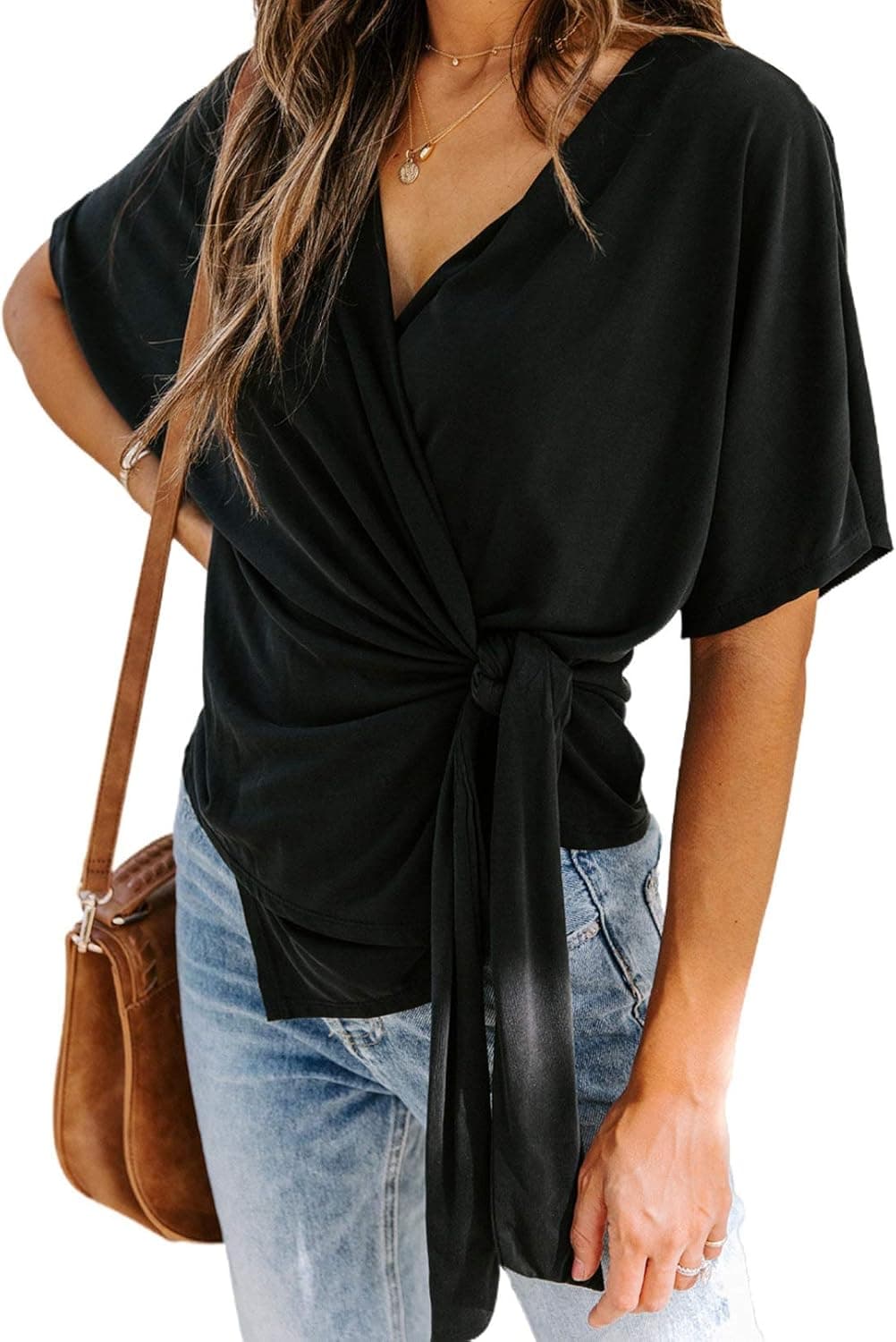 Dokotoo Womens Black Summer Short Sleeve Chiffon Wrap V Neck Tie Waist Flattering Fit Shirts Tops and Blouses for Women 2020 for Work Business Casual X-Large