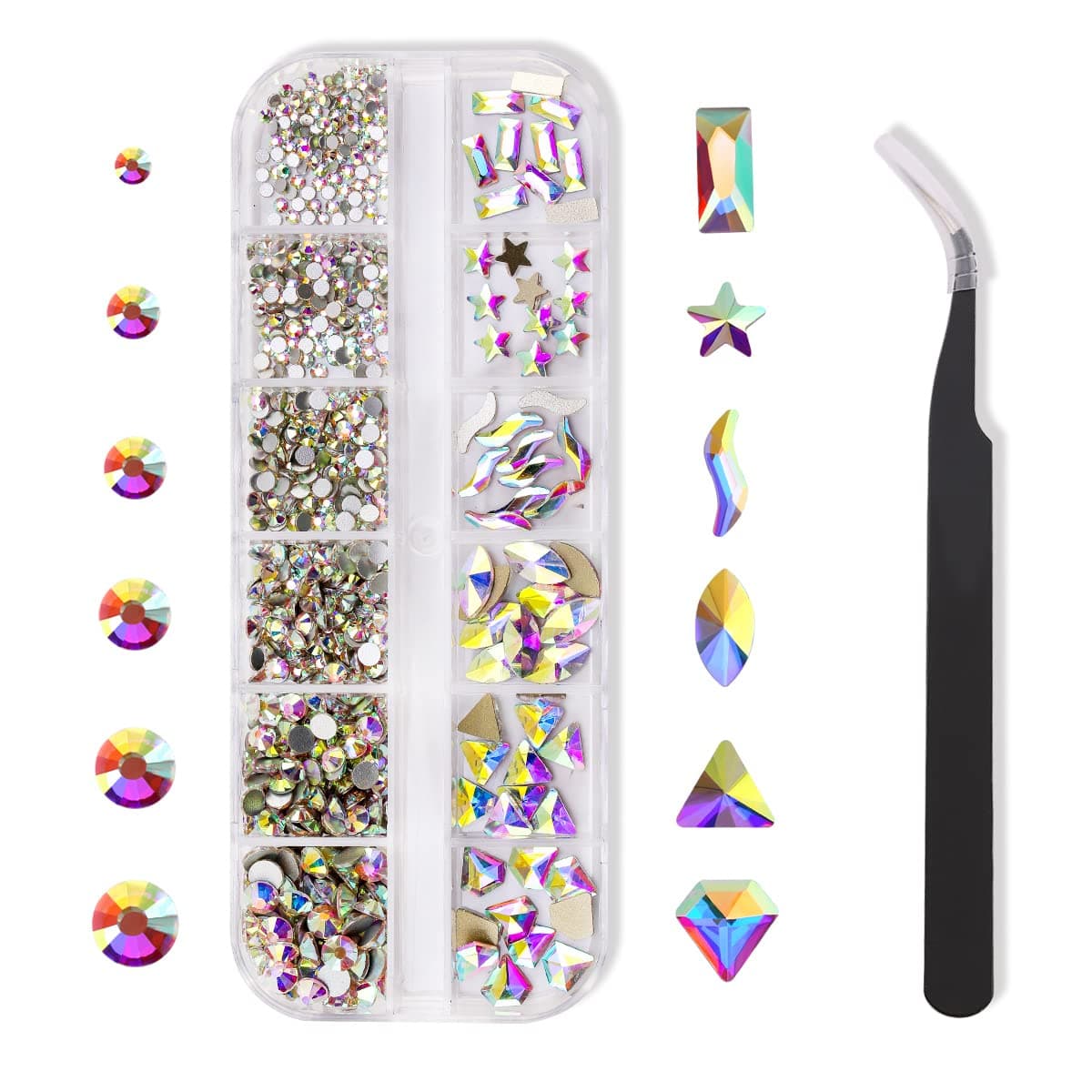 Rhinestones Flat Back Glass AB Crystal Round Gemstones, 3D Multi Shapes Gems for Makeup Face Nails with Tweezers, Wax Pencil, Mix Sizes SS4-SS16 Set