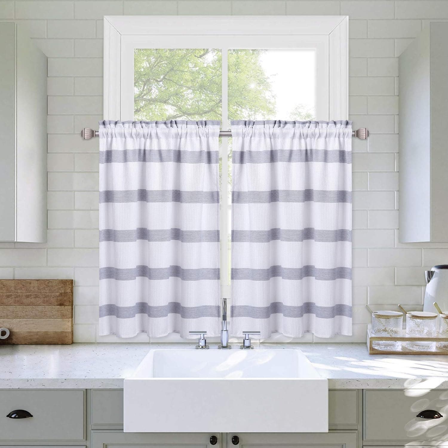 Haperlare Striped Pattern Cafe Curtains, Tailored Waffle Weave Textured Bathroom Window Curtain Country Yarn Dyed Stripe Rod Pocket Half Window Kitchen Cafe Curtains, 30" W x 24" L, Navy, Set of 2