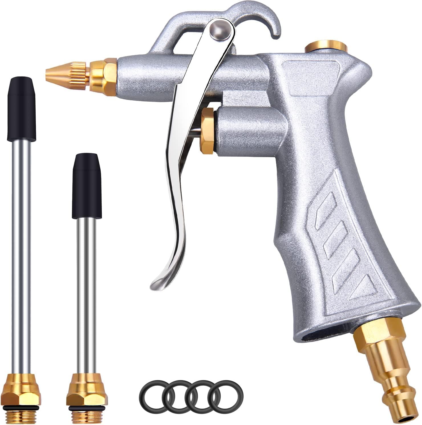 JASTIND Industrial Air Blow Gun with Brass Adjustable Air Flow Nozzle and 2 Steel Air flow Extension, Pneumatic Air Compressor Accessory Tool Dust Cleaning Air Blower Gun
