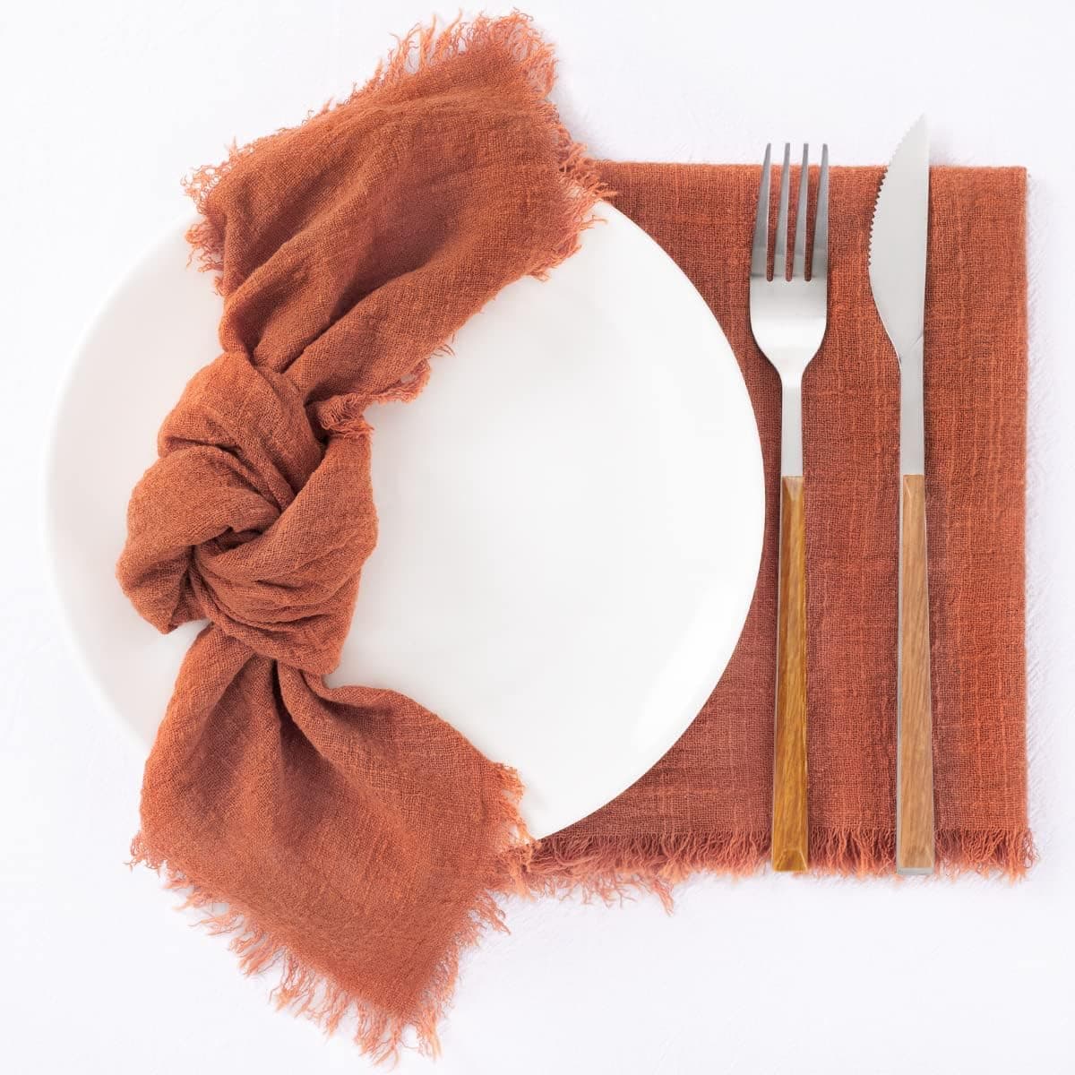 Socomi Handmade Cloth Napkins with Fringe Set of 12 Terracotta Cotton Linen Napkins 18"x18" Rustic Dinner Napkins Bulk for Wedding Party Baby Shower