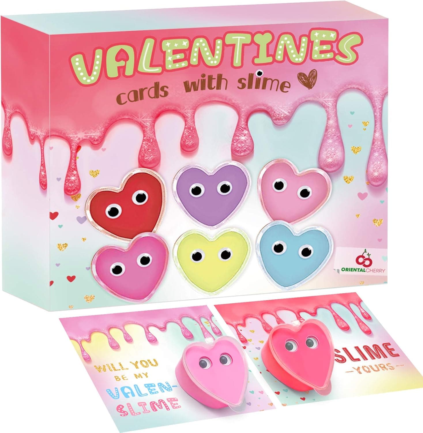 ORIENTAL CHERRY Valentines Day Cards for Kids - Set of 24 Heart Slime Card Bulk - Valentine Exchange Cards for Girls Boys School Class Classroom Party Favors
