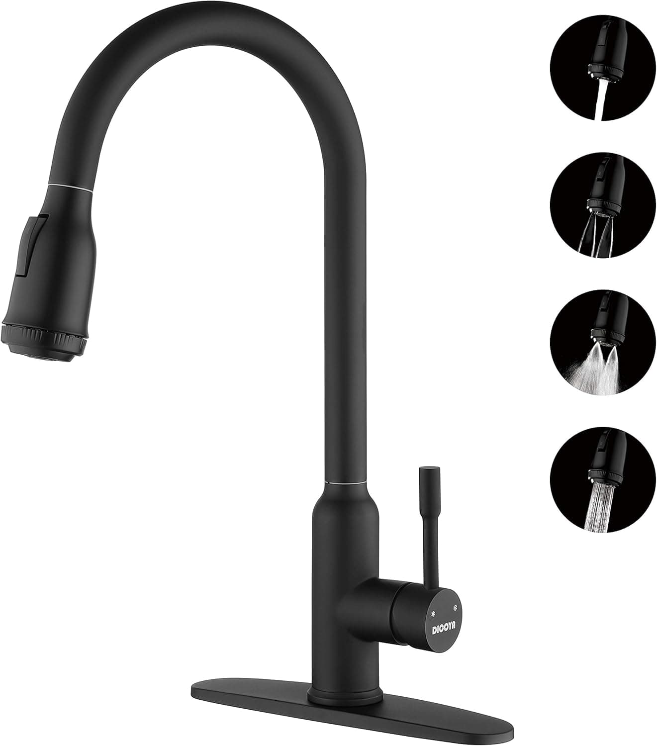 DICOYA Kitchen Faucets with Pull Down Sprayer, 4 Function Sprayer, Power Rinsing, Easy Clean, Water Saving, 304 Stainless Steel, Kitchen Sink Faucet, Single Lever, Gooseneck, Deck Plate, Black Matte