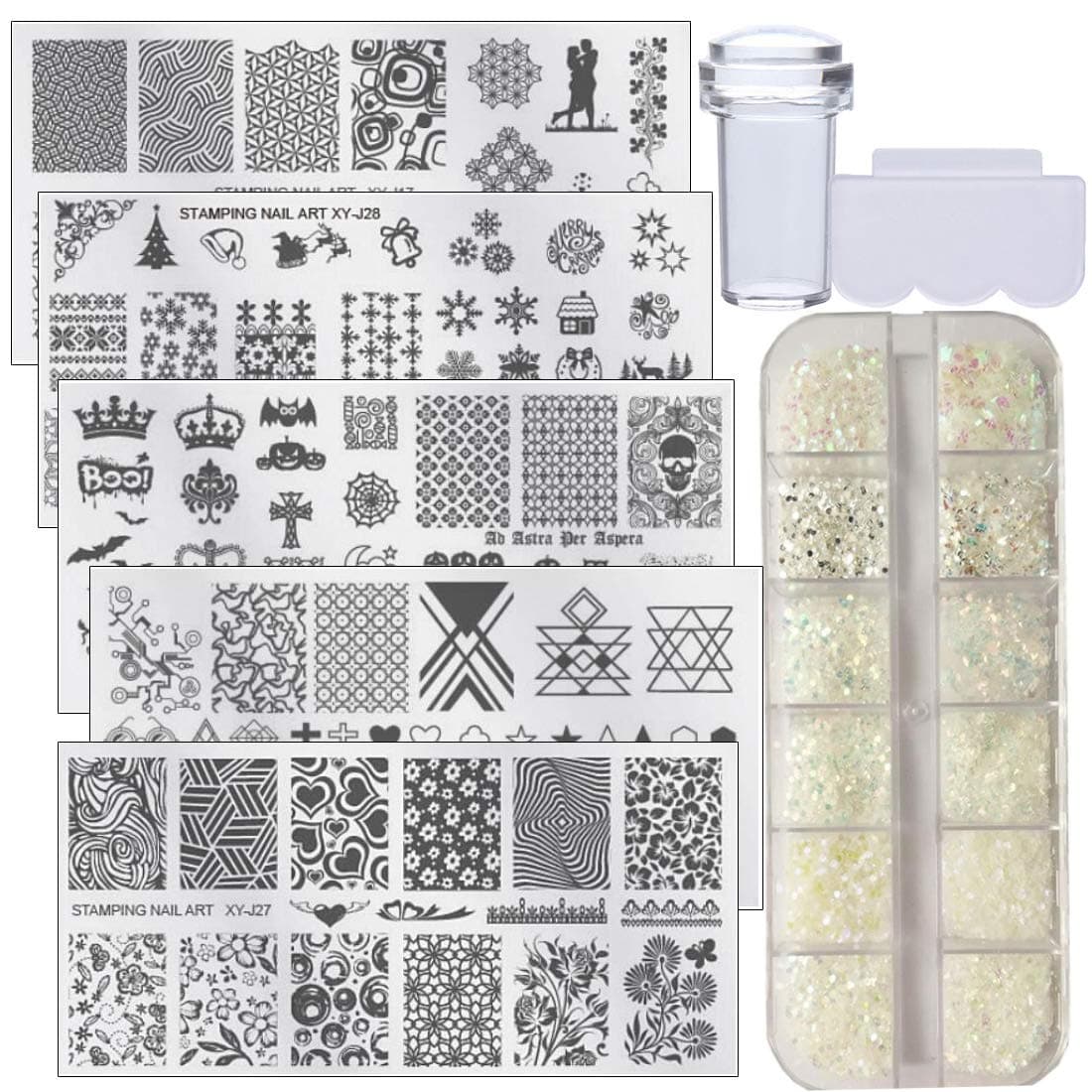 Nail Stamping Plates Kit 5pcs Snow Flower Butterfly Pattern Stamper Template Image, 1 Clear Stamper 1 Scraper 1 Box Mixed Iridescent Nail Sequins Flakes, Nail Art Tools Set
