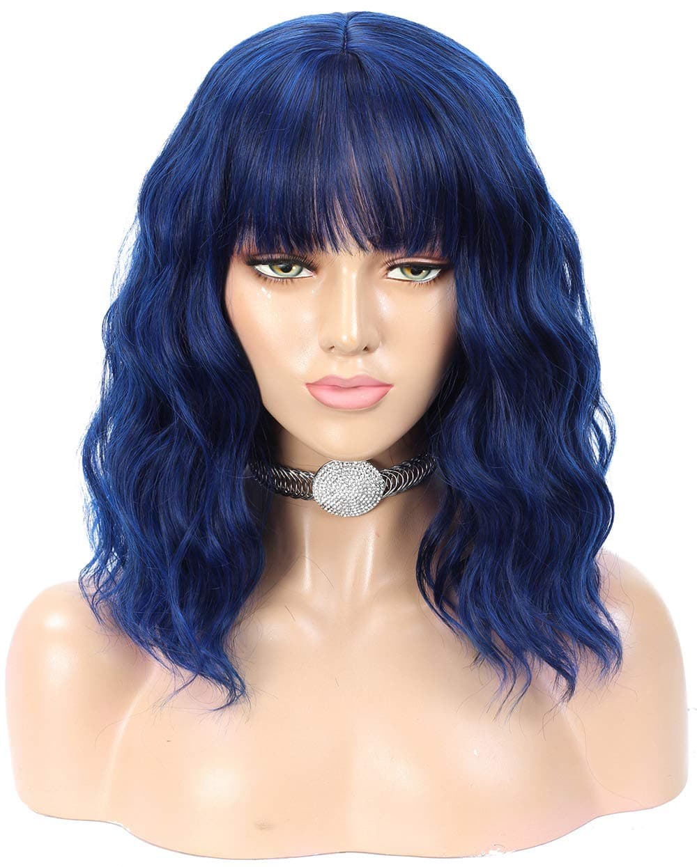 Lizzy Hair Navy Blue Wigs for Women Natural Looking Curly Short Bob Wig with Air Bangs Heat Resist Synthetic 14inch Party Cosplay Wigs( Color: Navy Blue Mixed Black )