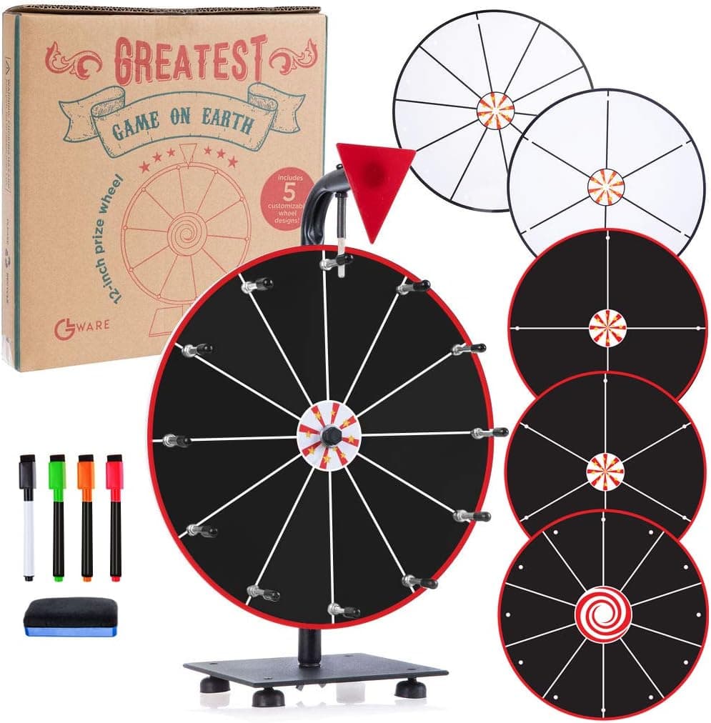 GLWare 12" 5-in-1 Tabletop Prize Wheel - Smooth Spinning Dry Erase Wheel for Game Prizes with 5 Black & White Wheels, Marker Pen & Eraser - Win Fortune Carnival Raffle Games