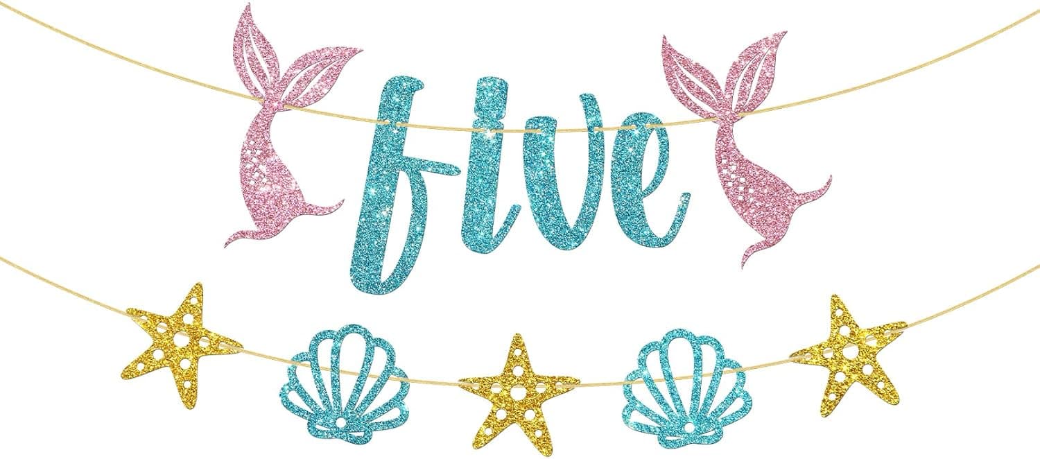 WeBenison Mermaid Five Birthday Banner/Girl's 5th Birthday Banner Bunting/Ocean Five Sign/Under The Sea Mermaid 5th Birthday Anniversary Party Decorations/Blue Pink Gold Glitter (Five)