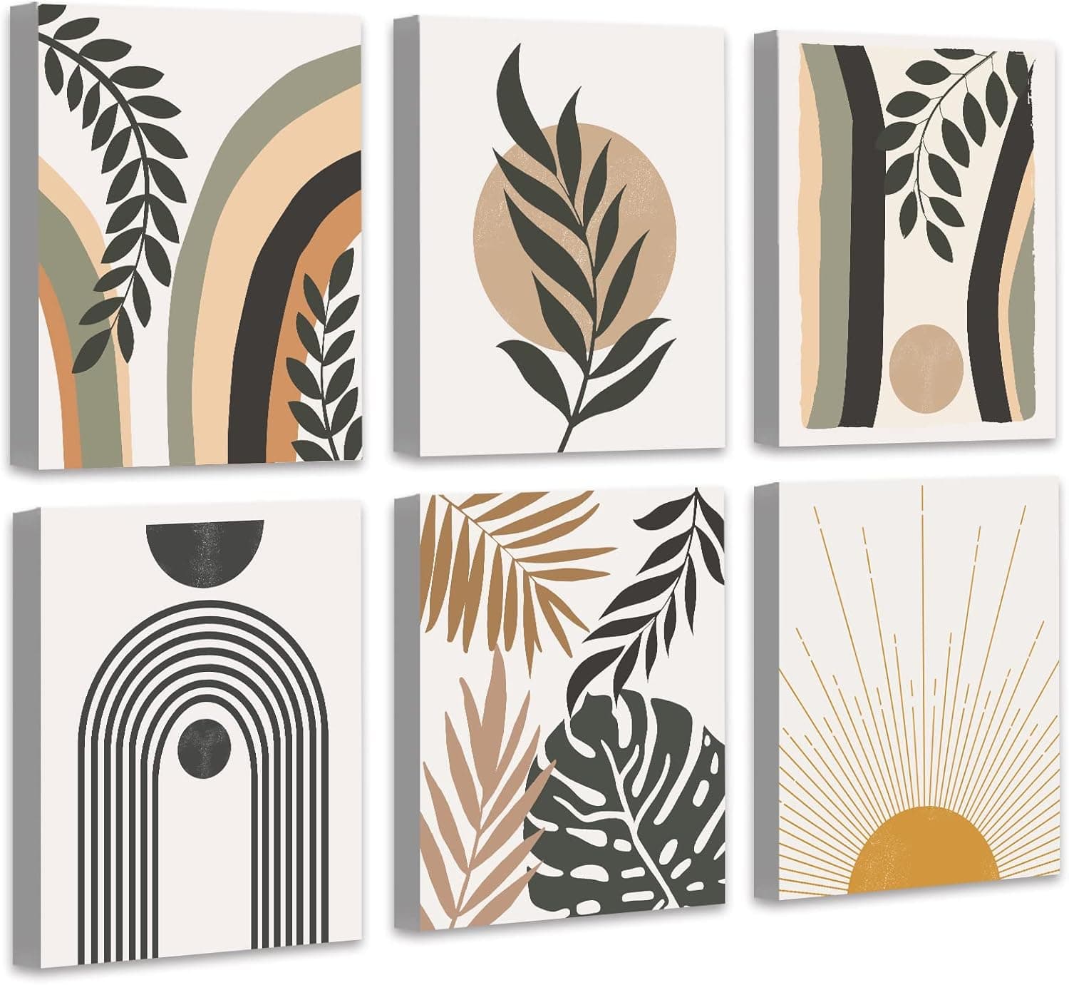 Boho Wall Art , Minimalist Wall Art , Boho Room Decor, Mid Century Modern Framed Canvas Wall Art, Abstract Boho Wall Decor, Bohemian Moon Phases Wall Painting For Living Room Bedroom Kitchen Office Home Decor Set of 6, 8x10in (Framed)