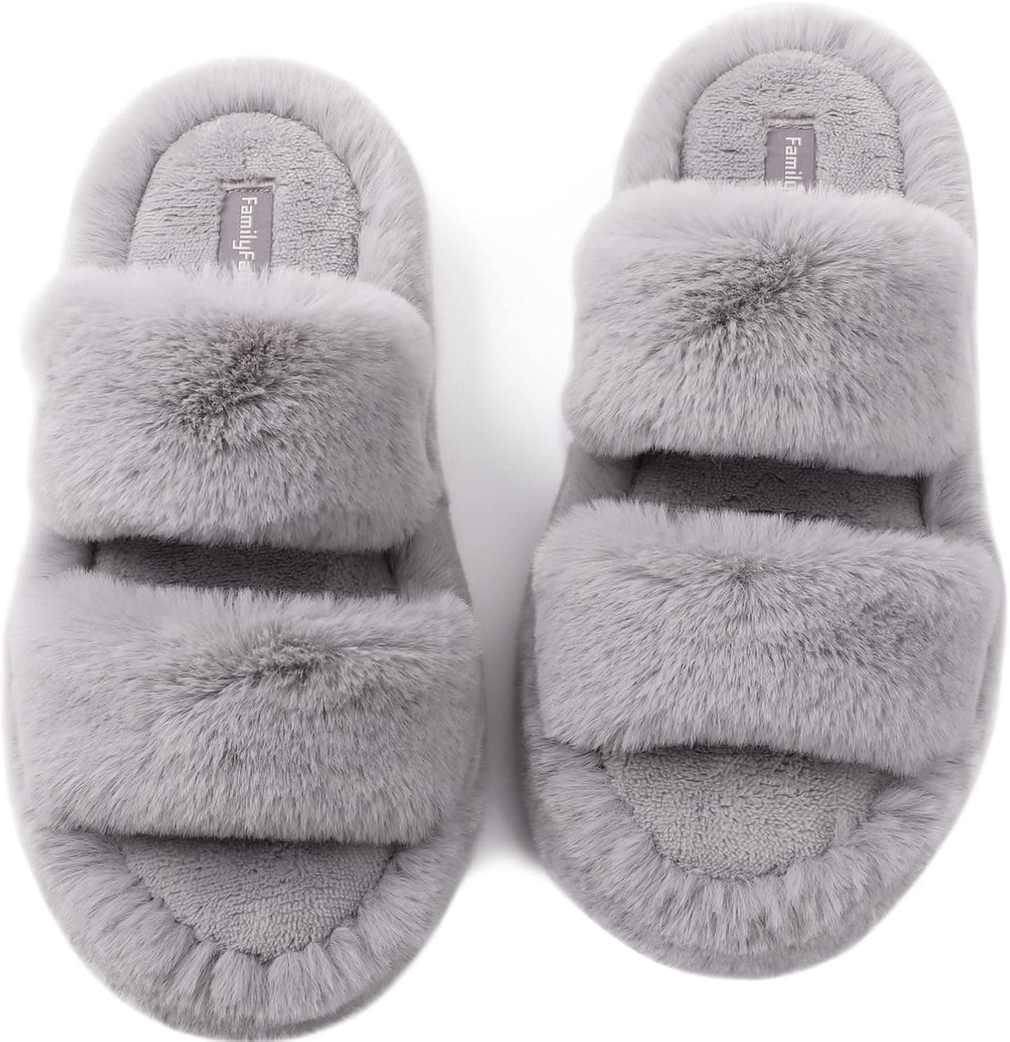 FamilyFairy Women's Fluffy Faux Fur Slippers Comfy Open Toe Two Band Slides with Fleece Lining and Rubber Sole