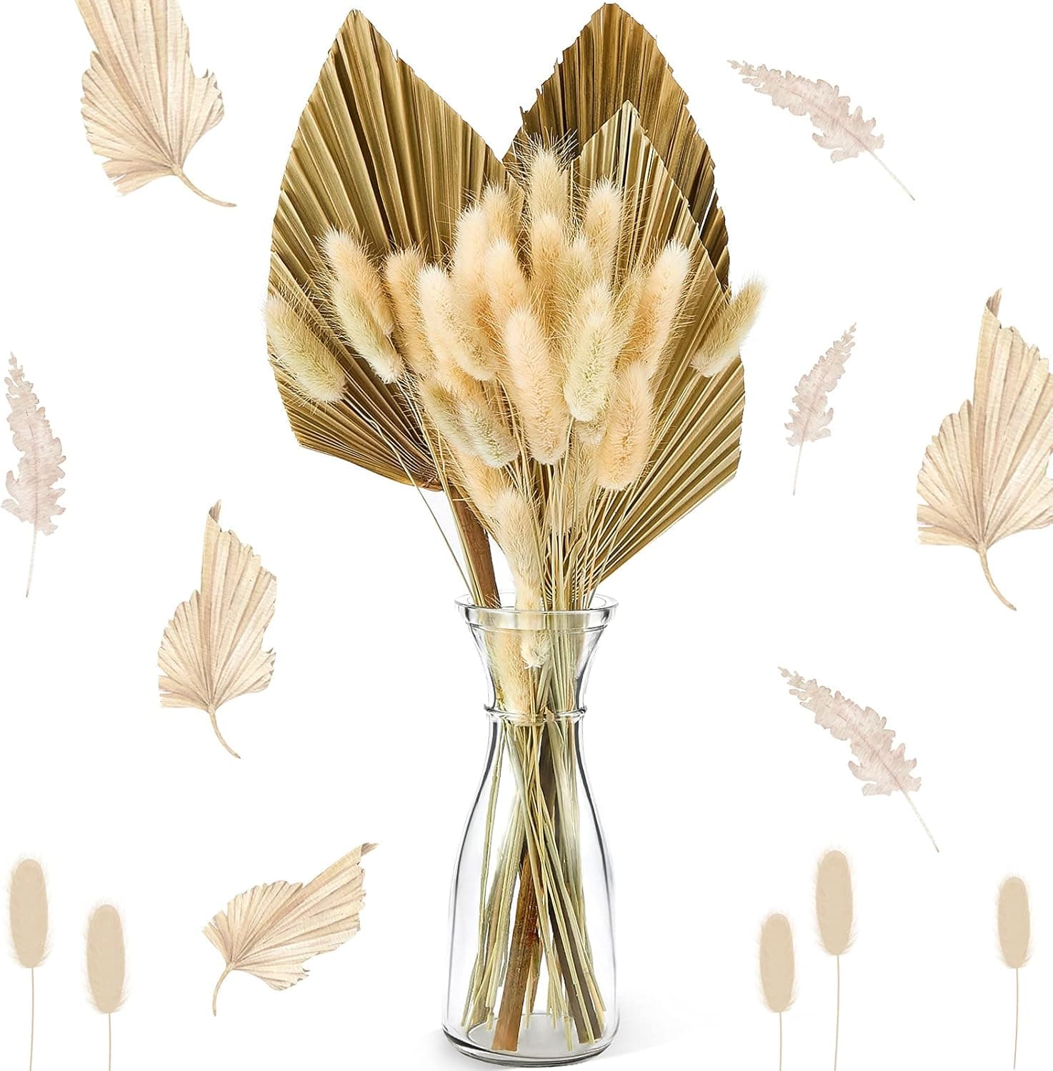 33 Pieces Dried Palm Spears Leaves Dried Pampas Grass Bunny Tail Natural Dried Palm Fans Grass Rabbit Tail Lagurus Ovatus Boho Dried Flower Bouquet for Room Kitchen Wedding Home Party Decor