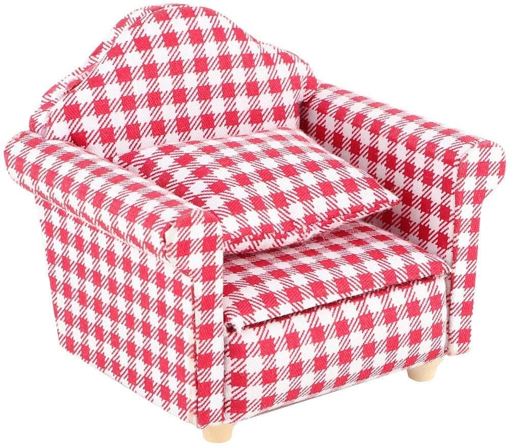 SXFSE Doll House Sofa Arm Chair, 1:12 Scale Wooden Dollhouse Miniature Funiture Decor Couch with Pillow, Kids Play Toy