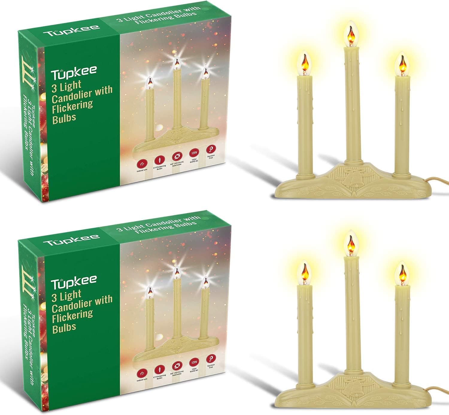 Tupkee Christmas Candolier Window Candles – with Flickering Bulbs – 3-Lights Indoor -Flameless Electric Window Candles Candelabra - 2 Pack