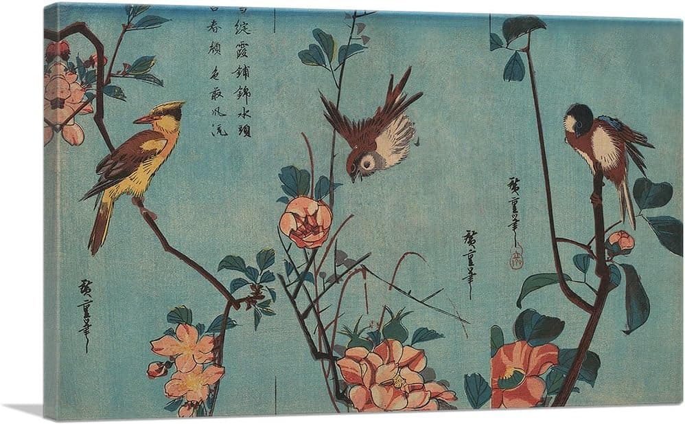 ARTCANVAS Sparrow and Wild Roses and Cherry Blossoms 1833 Canvas Art Print by Utagawa Hiroshige - 40" x 26" (0.75" Deep)