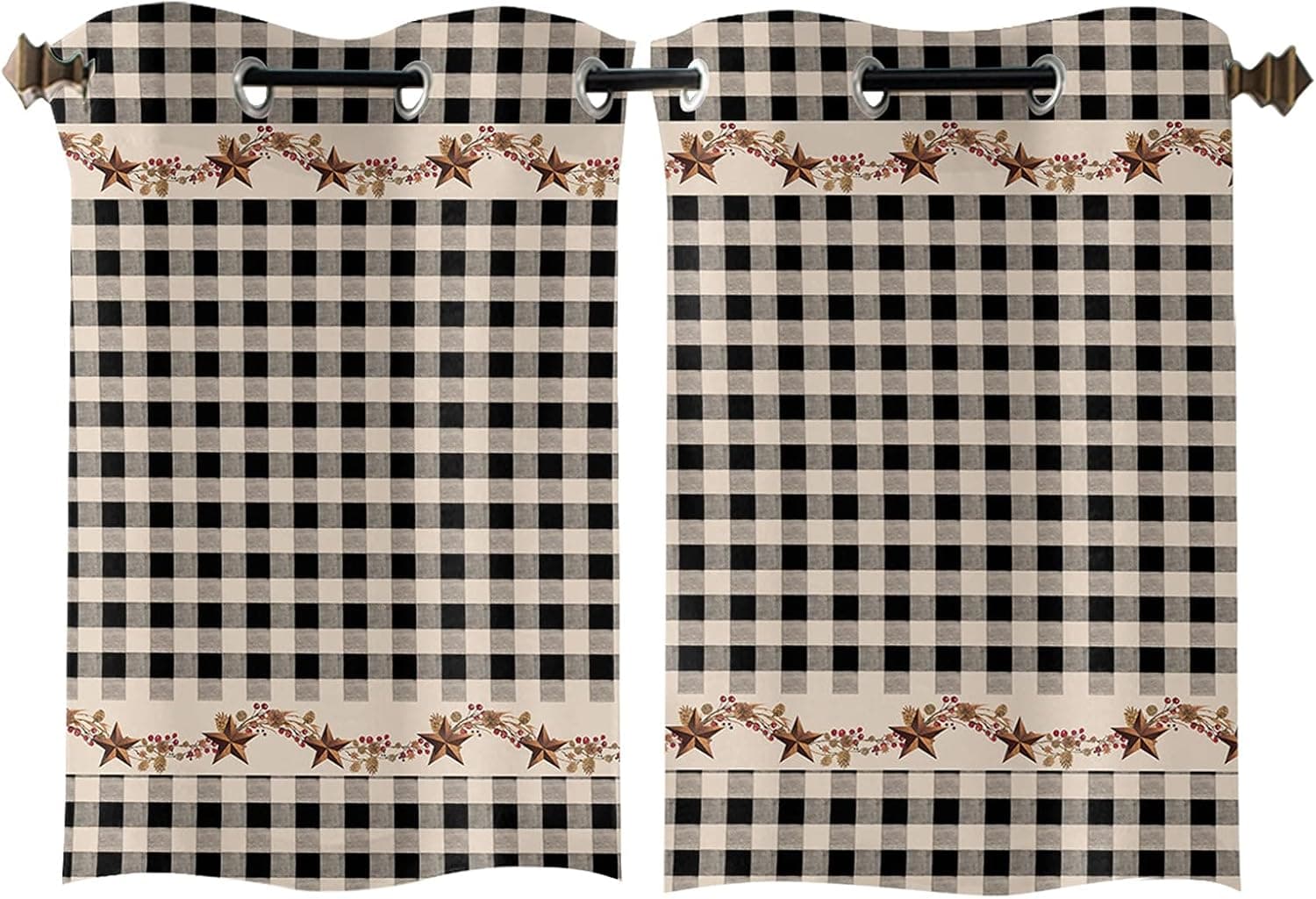 Window Treatment Sheer Curtains Farm Barn Star on Rustic Black White Buffalo Plaid,2 Panels Kitchen Tier Grommet Draperies & Curtains 39 Inch Length for Living Room/Bedroom/Patio/Sliding Glass Door