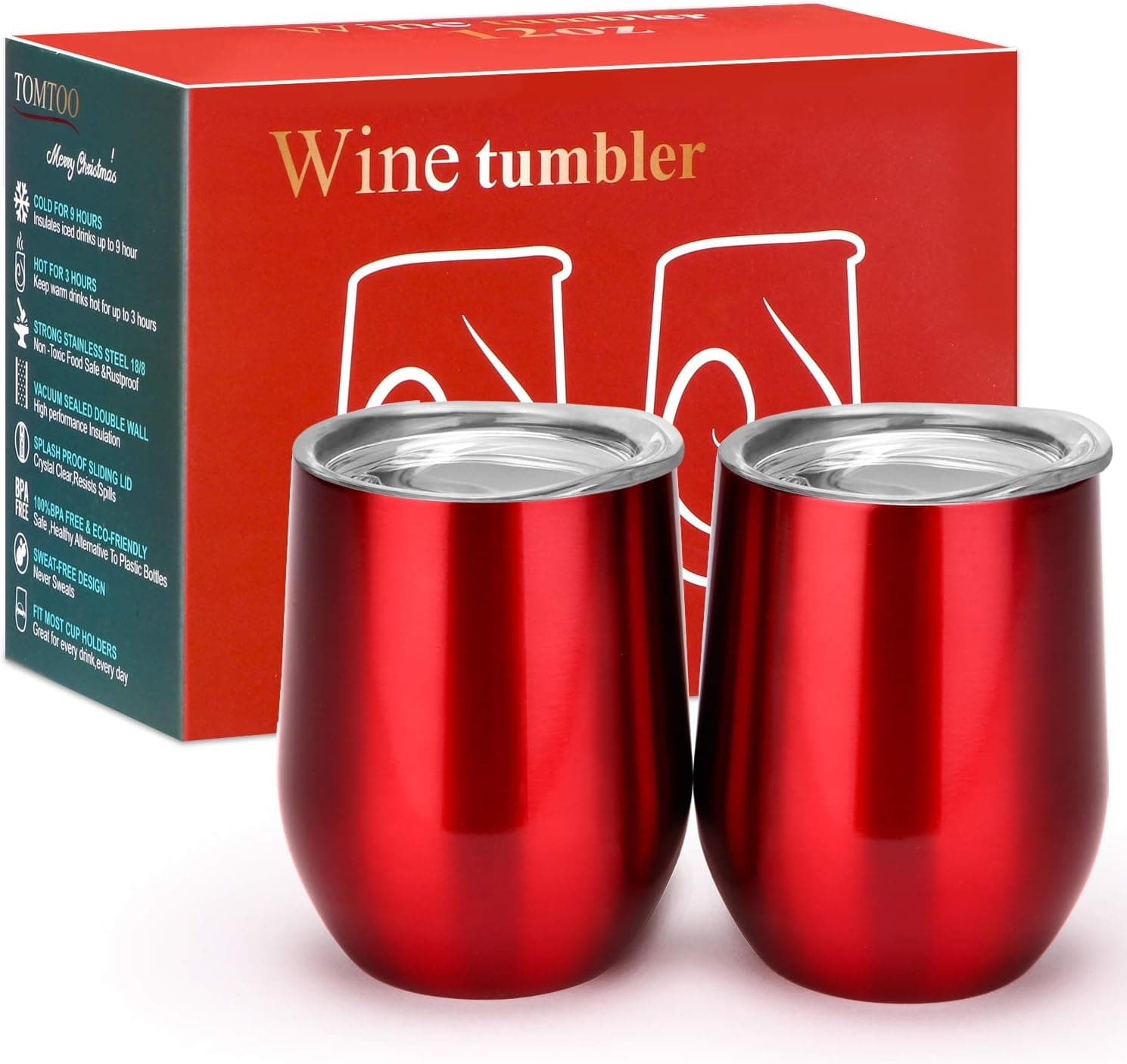 TOMTOO Wine Tumbler With Lid - 12 oz Double Wall Vacuum Insulated Travel Tumbler Cup - 2 Pack Wine Glasses Perfect Christmas Gifts (12 oz, B-Wine Red 2 Pack)