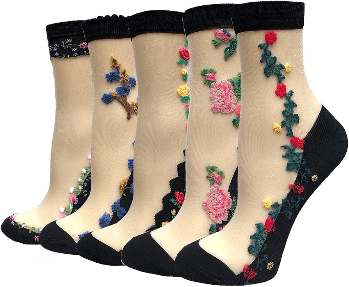 DXYAKY 5 Pairs Women Sheer Mesh Socks Ultrathin Fishnet See Through Lace Ankle Socks Summer Transparent Floral Socks