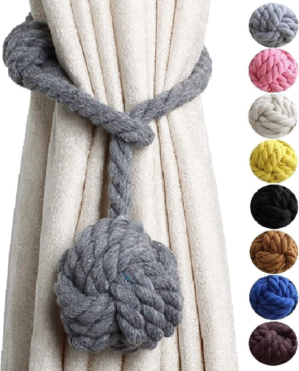 HoHnH Grey 2 Curtain Tiebacks- Handmade Natural Cotton Rope Curtain Tieback, Rural Decorative Curtain Holdbacks (2, Grey)