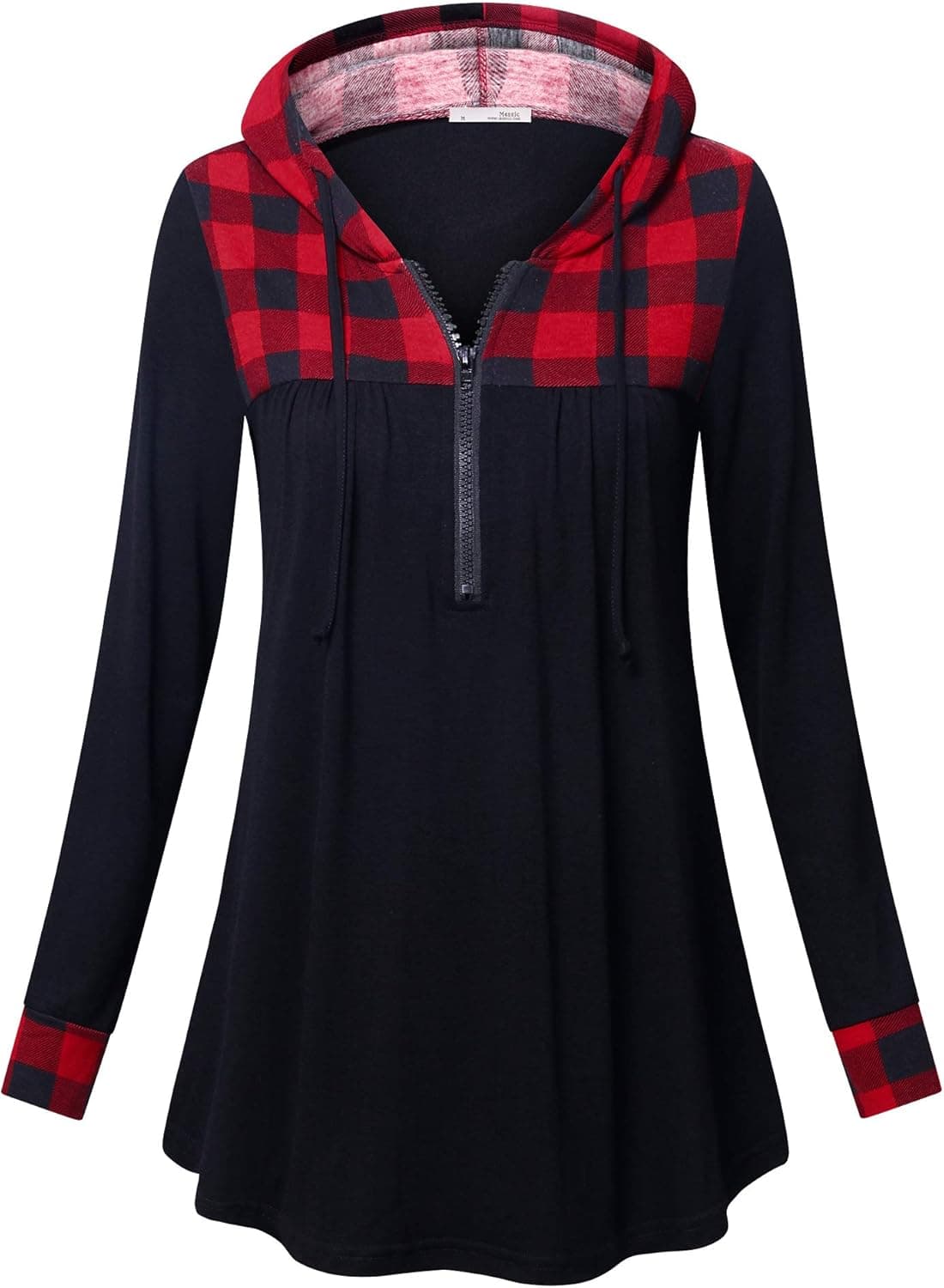 Messic Women's Zip V Neck Casual Lightweight Tunics Long Sleeve Plaid Shirts Tops