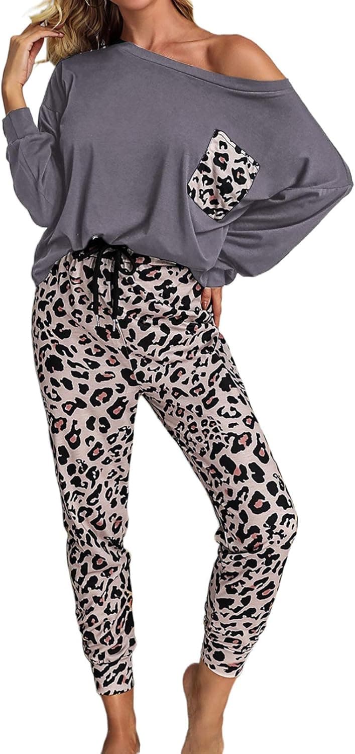 ROSKIKI Womens Athletic Long Sleeve Shirt and Lounge Pajama Shorts Sleepwear Pjs Set Gray 2XL