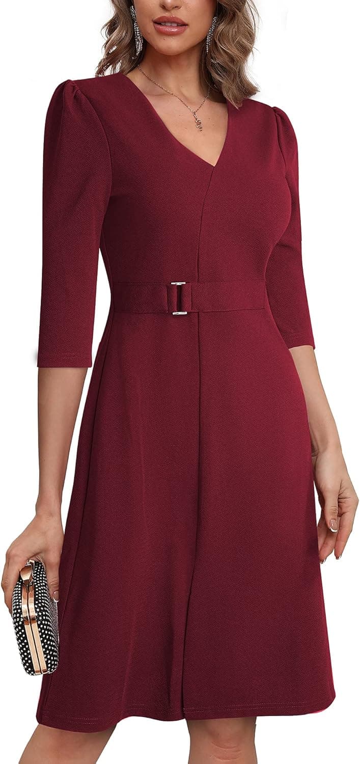 HOMEYEE Women's Vintage Semi-Formal V-Neck Puff Sleeves Casual Work Party Swing Dress A322