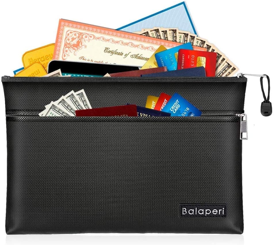 BALAPERI Fireproof Document Bag Two Pockets Two Fireproof Zippers,11.4”x 7.87” Waterproof Fireproof Money Bag,Fireproof Safe Storage Pouch with Zipper for A5 Document Holder,File,Cash,Passport,Jewelry