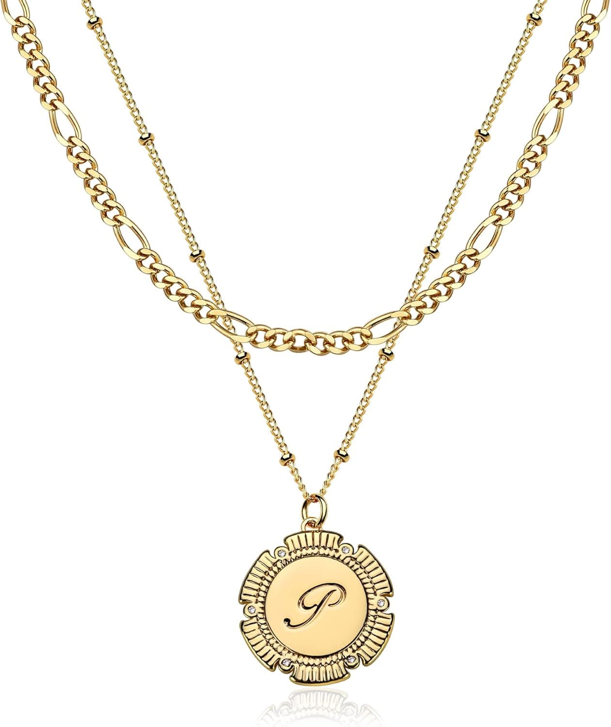 MTMY Women Layered Initial Necklaces,14K Gold Plated Adjustable Figaro Chain Dainty Necklace Personalized Engraved Letter Pendant Choker Necklace for Women Girls Jewelry Gifts