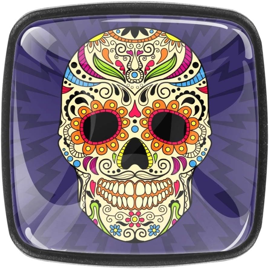 DEYYA Drawer Knobs Mexican Sugar Skull 4PCS Square Crystal Glass Cabinet Door Pulls Ergonomics Handles