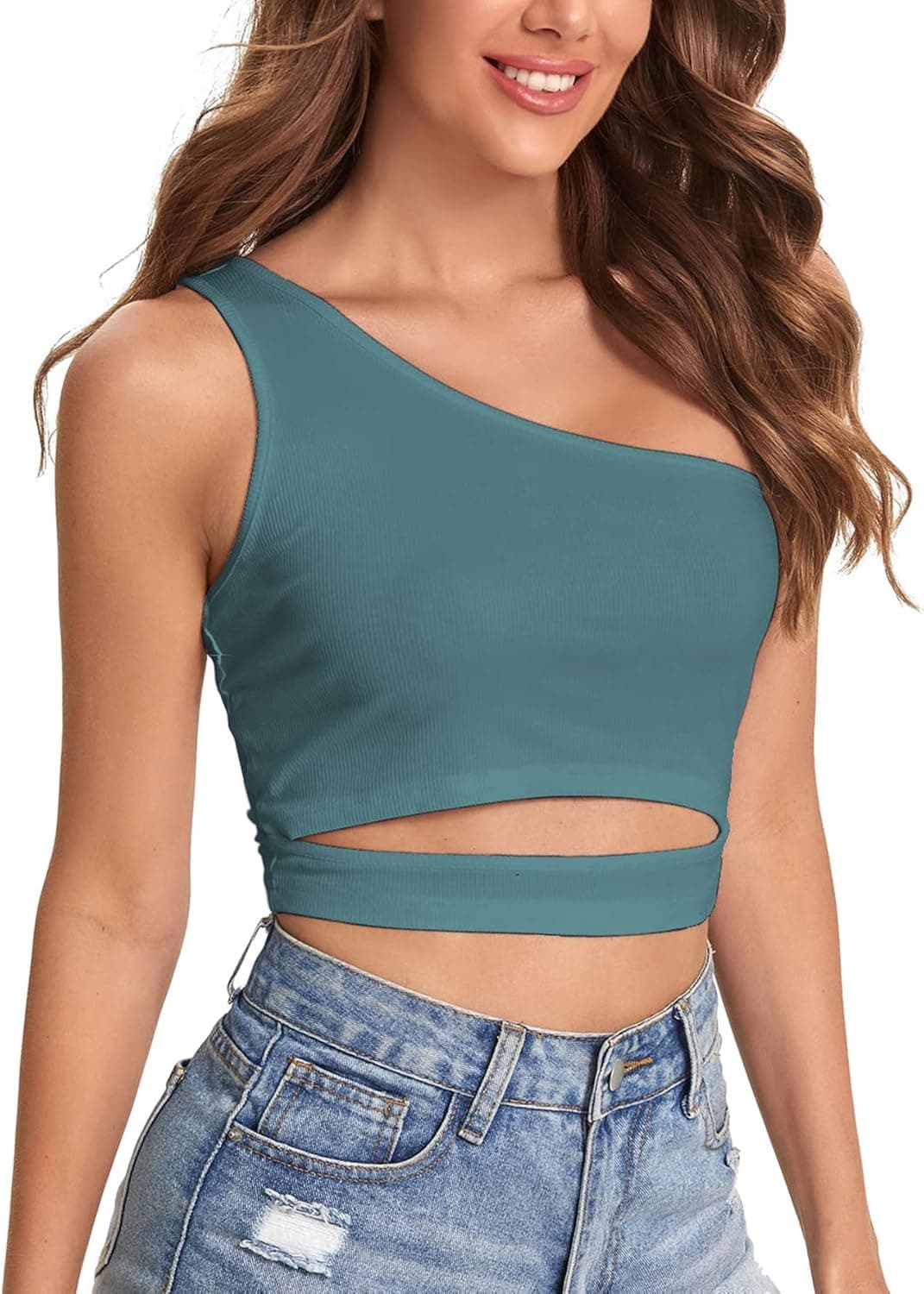 Verdusa Women's Cut Out One Shoulder Sleeveless Ribbed Slim Fitted Crop Tank Top