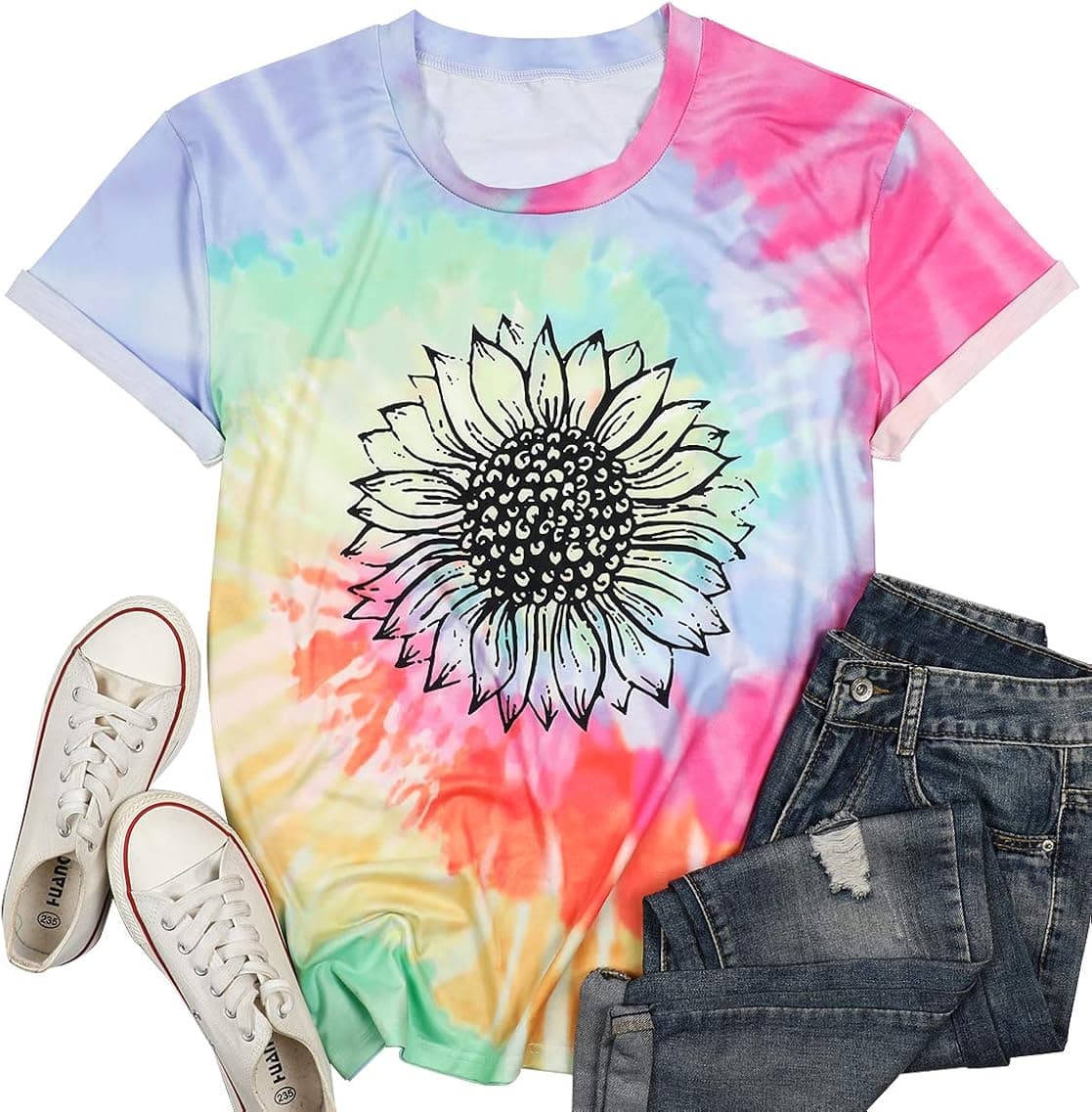 Tie Dye Shirt Women Sunflower Graphic T Shirt Short Sleeve Printed Casual Summer Tee Tops