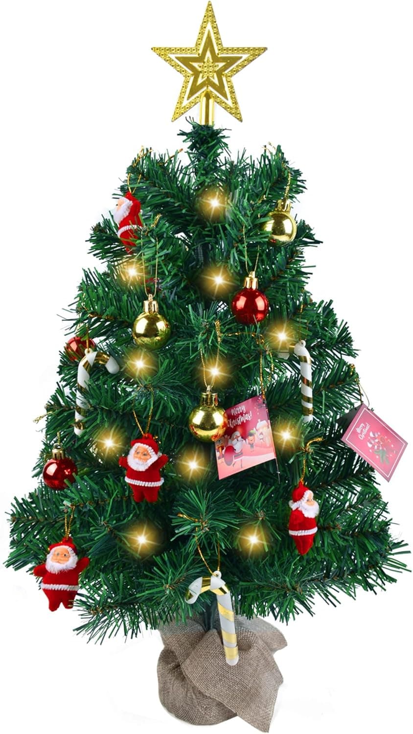 Stcomart Mini Artificial Christmas Tree with Lights and Ornaments, Small Tabletop Xmas Tree, 24 Inch