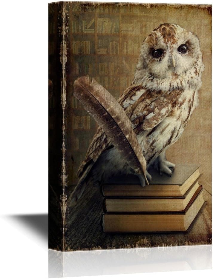 wall26 - Canvas Wall Art - Wise Owl Sitting on Books - Gallery Wrap Modern Home Art | Ready to Hang - 12x18 inches