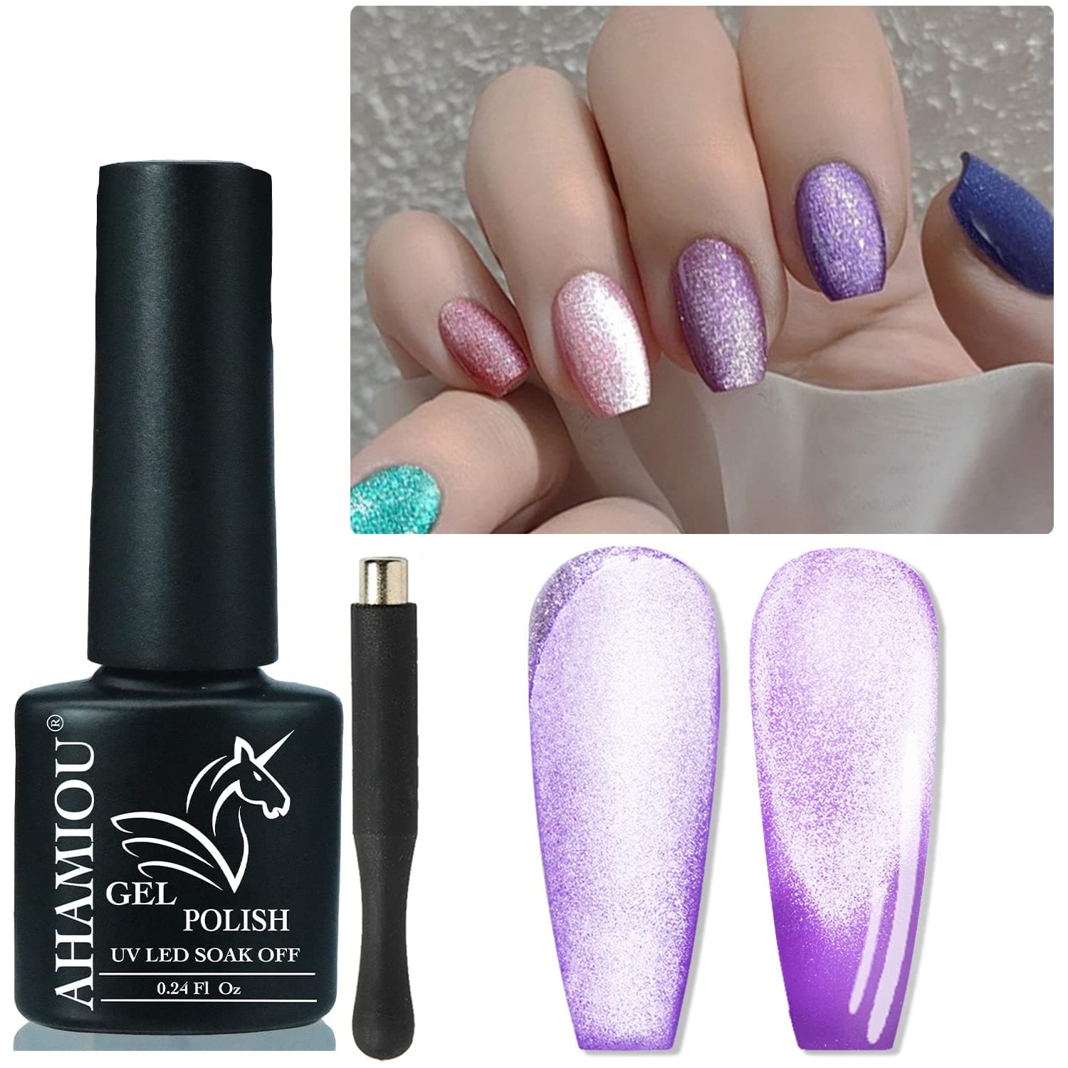 AHAMIOU Crystal Cat Eye Gel Polish Kits Magnetic Nail Polish Set Holographic Cats Eyes Gel Nail Polish Shiny Diamond Glitter Gel with Magnet Stick,Purple