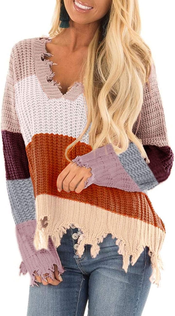LEANI Women's Loose Knitted Sweater Long Sleeve V-Neck Ripped Pullover Sweaters Crop Top Knit Jumper