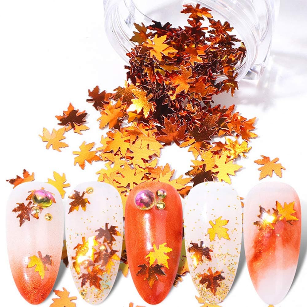 1Box Maple Leaf Nail Glitter Sequins Nail Supplies Holographic Fall Leaves Paillette Chameleon Sparkles Nails Flakes Foil Autumn Designs Nail Art Stickers Gold Yellow Manicure Decoration