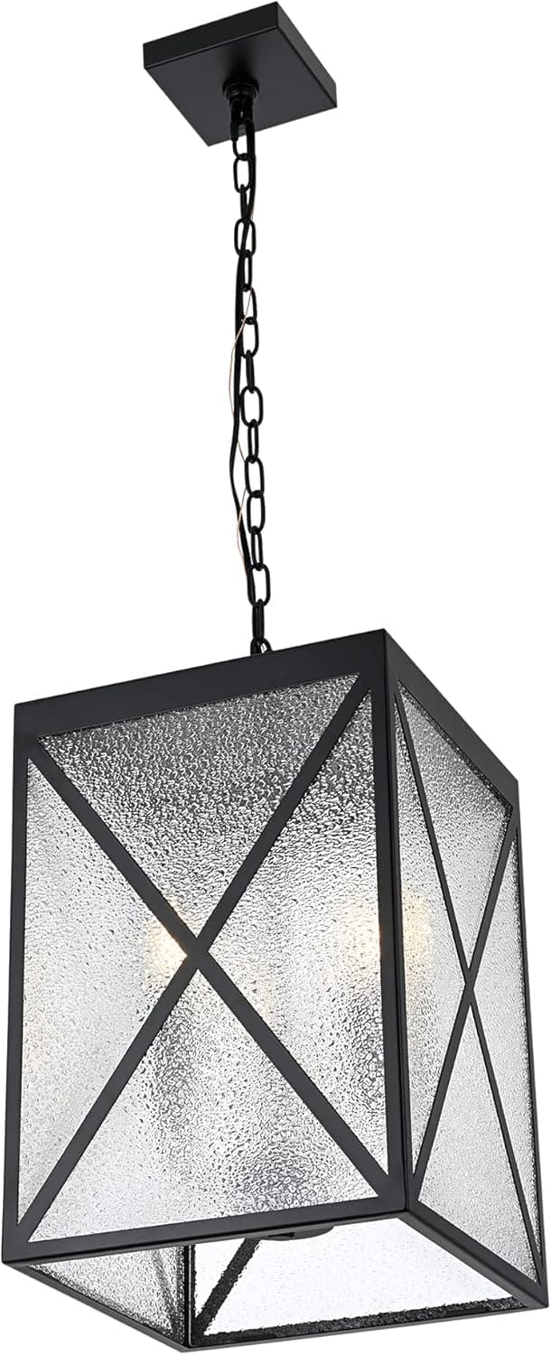 MELUCEE Outdoor Pendant Light for Porch 3-Light Exterior Hanging Light Ceiling Lantern with Water Drop Glass Shade, Outdoor Chandelier Black for Patio Garage Doorway Corridor