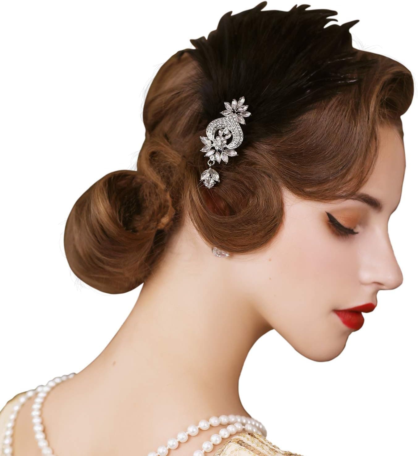 SWEETV 1920s Feather Headpiece Flapper Headband, Roaring 20s Hair Accessories Great Gatsby Hair Clip Black