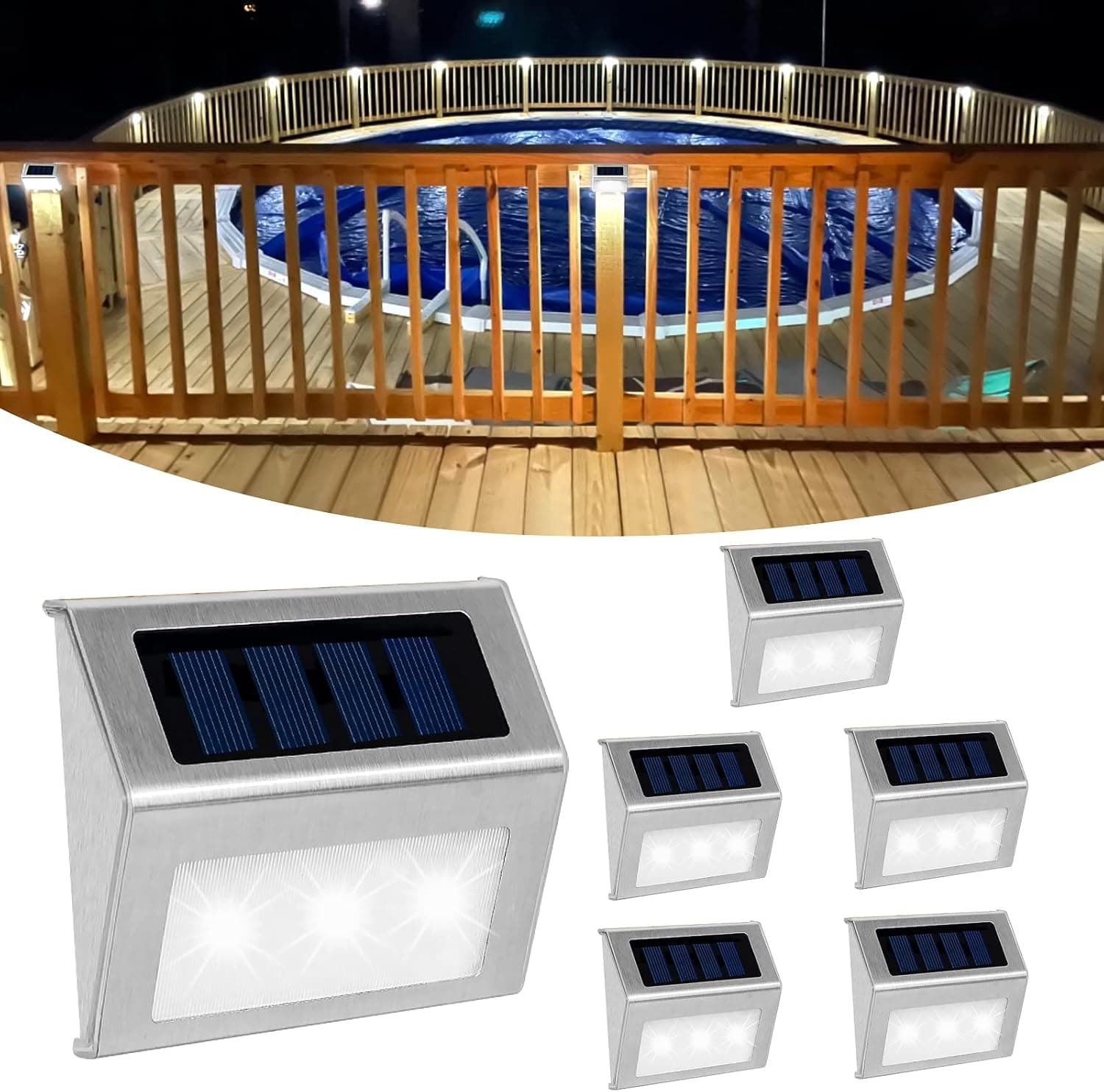 Solar Fence Lights, Solar Deck Lights Waterproof Stainless Steel, 6 Pack Solar Powered Step Lights Stair Post Lights 3 LED for Outdoor Railing Wall Steps Decks Backyard Paths Patio Pathway, Cool White