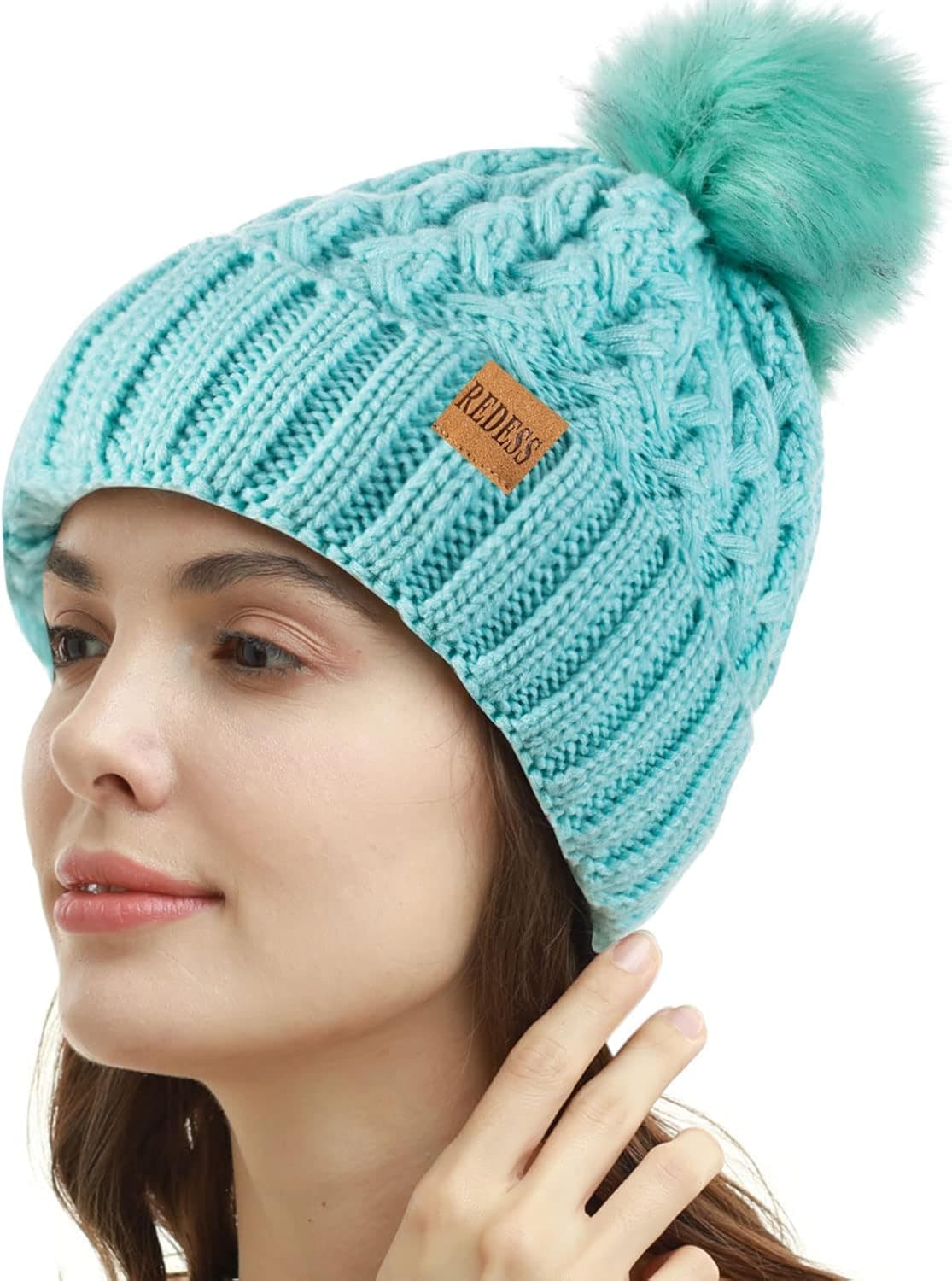 REDESS Women Winter Pompom Beanie Hat Fleece Lined Warm Hats, Thick Slouchy Snow Knit Crossed Cap for Ladies…